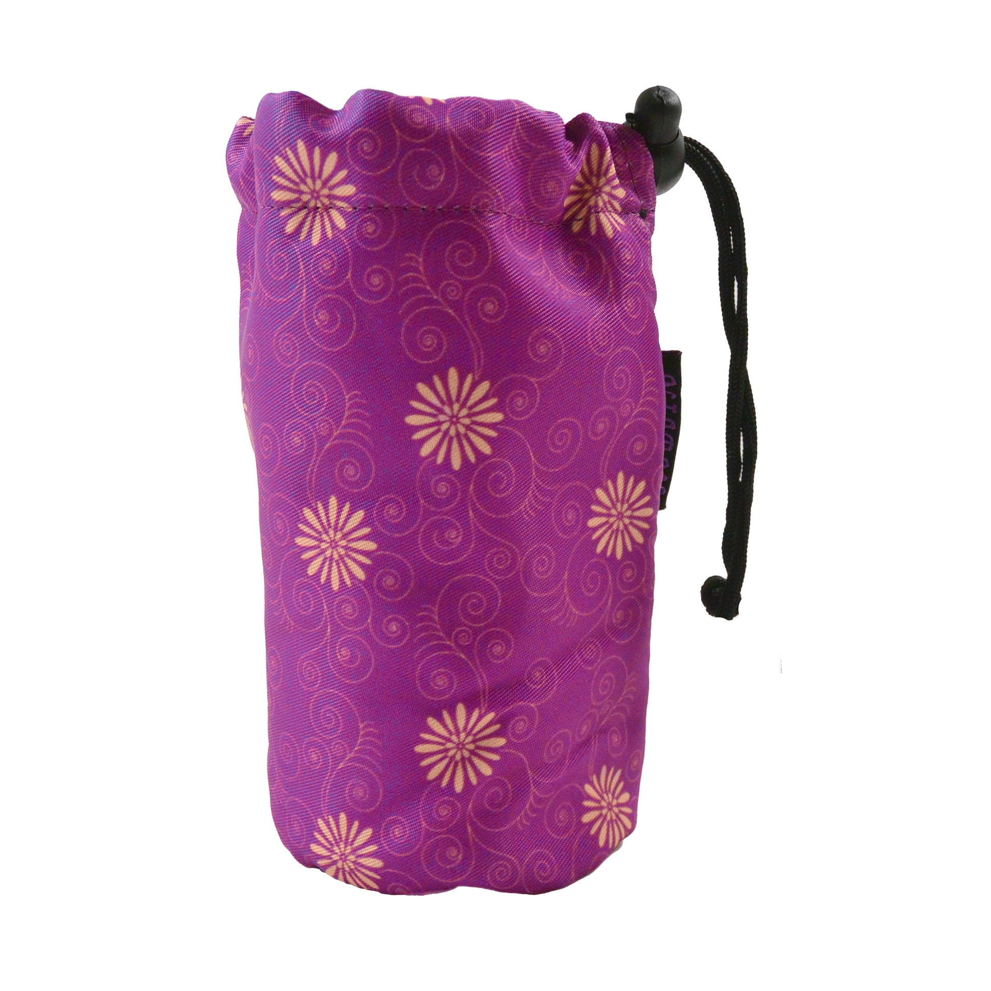 Flaschenbeutel aus Polyester in Fuchsia mit Blumenmotiven für den Gürtel. Verschließbar mit einem Kordelzug.