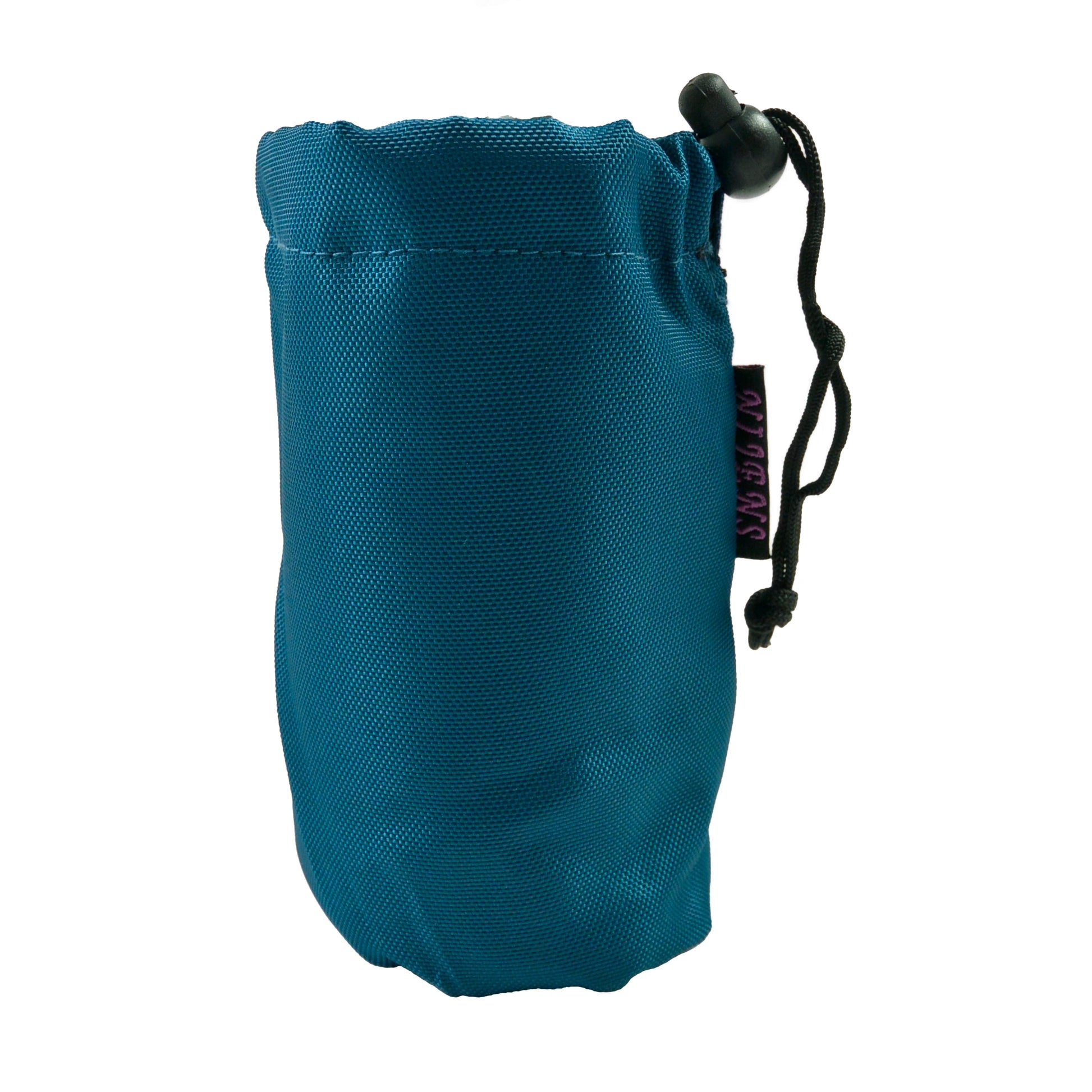 Flaschenbeutel aus Polyester, Teal, mit zwei Gürtelschlaufen. Verschließbar mit einem Kordelzug.