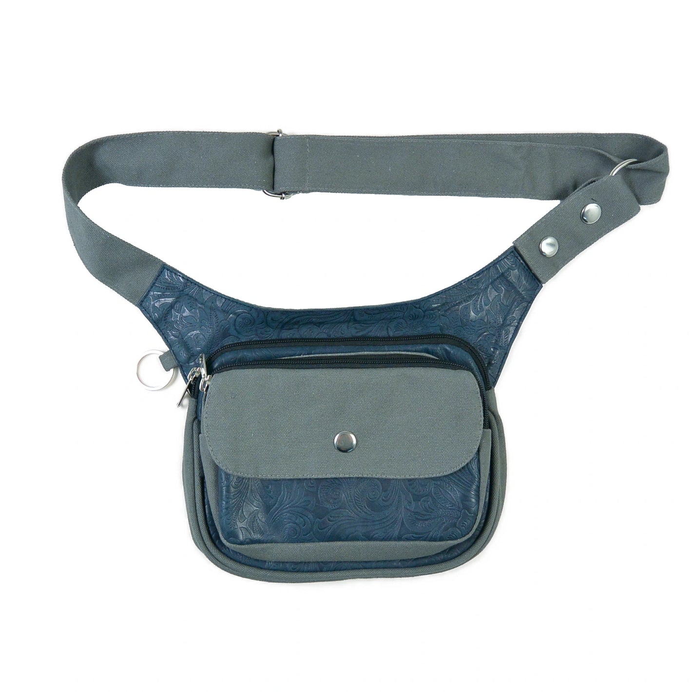 Graue Hüfttasche aus Leder mit floralem Muster – Vorderansicht mit sichtbaren Fächern und Details