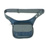 Graue Hüfttasche aus Leder mit floralem Muster – Vorderansicht mit sichtbaren Fächern und Details