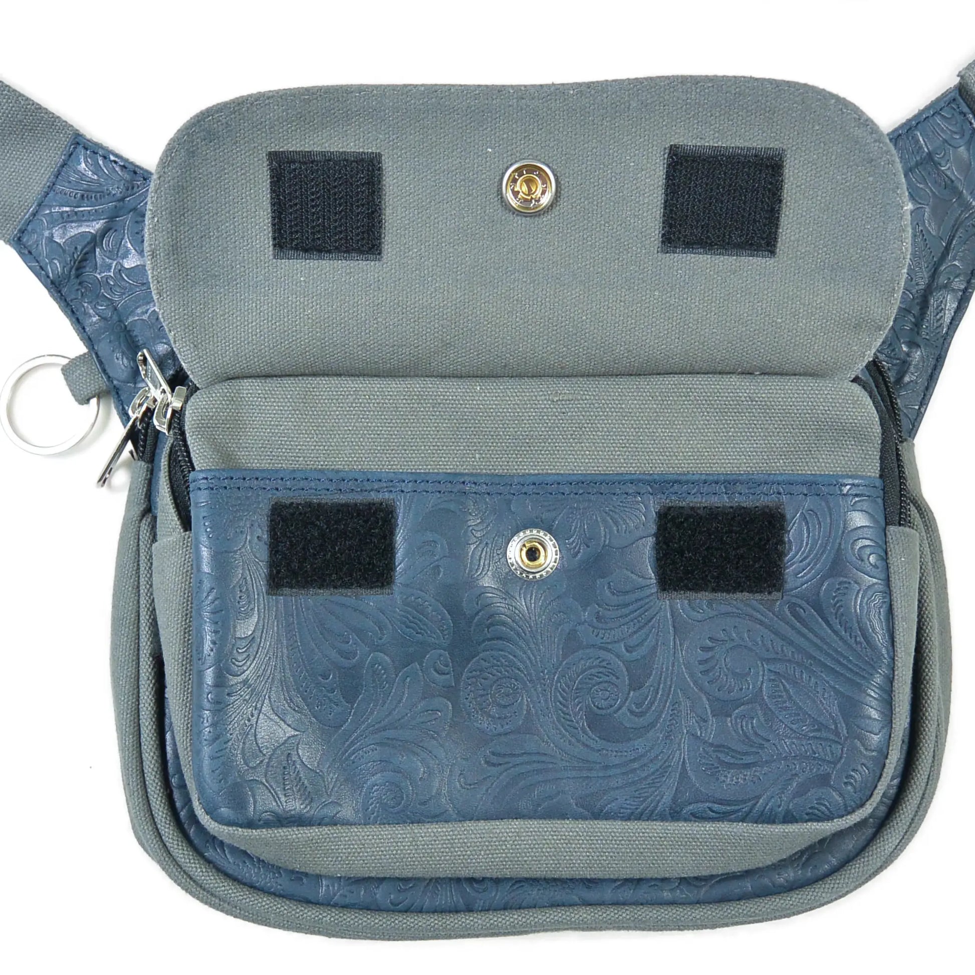 Graue Hüfttasche aus Leder mit floralem Muster 