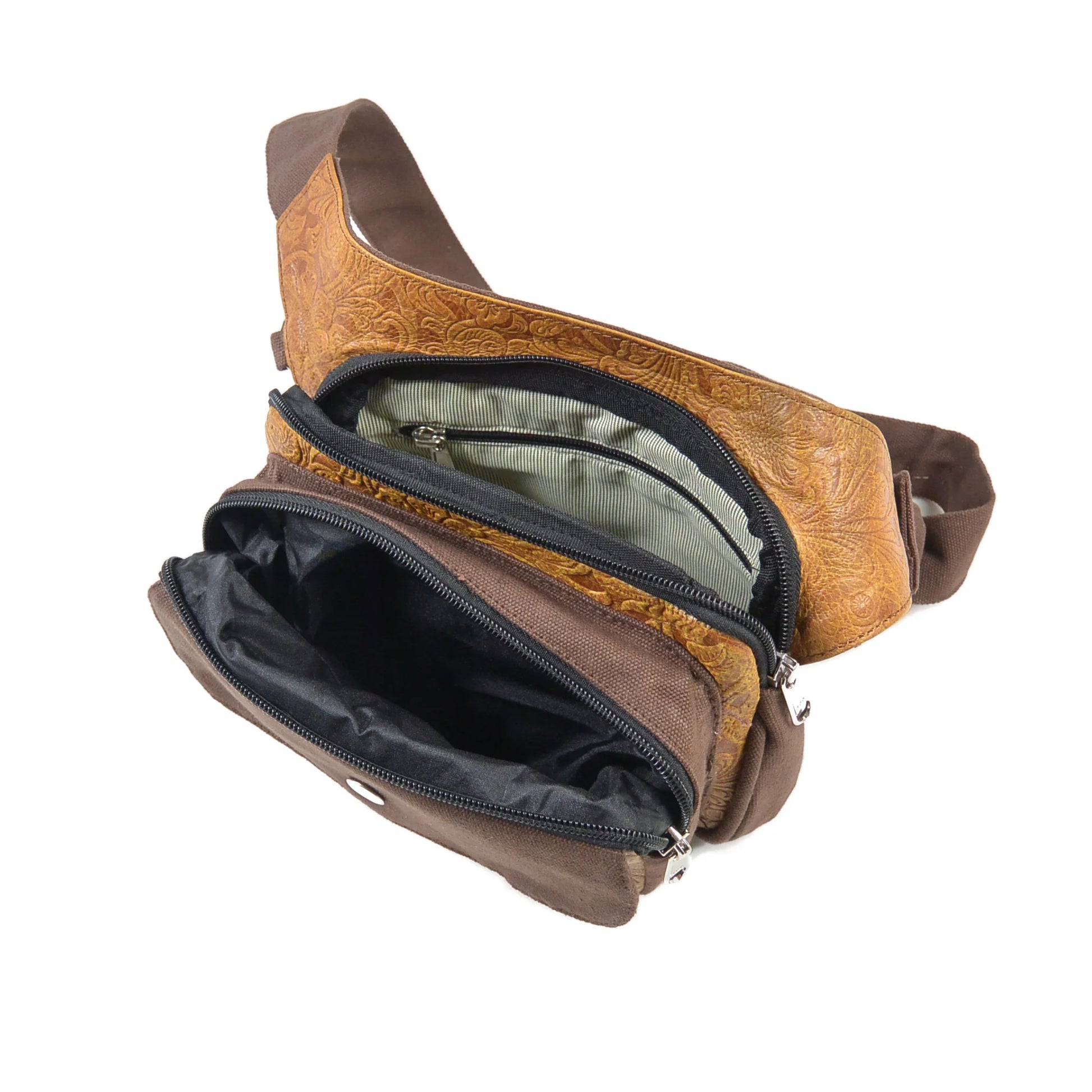 Frankfurt Gassi-Tasche aus Canvas und Echtleder in Braun-Brandy – Innenansicht mit Blumen-Prägung
