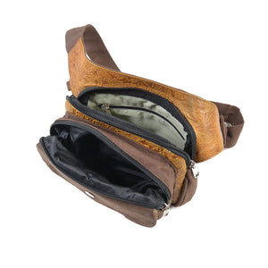 Frankfurt Gassi-Tasche aus Canvas und Echtleder in Braun-Brandy – Innenansicht mit Blumen-Prägung