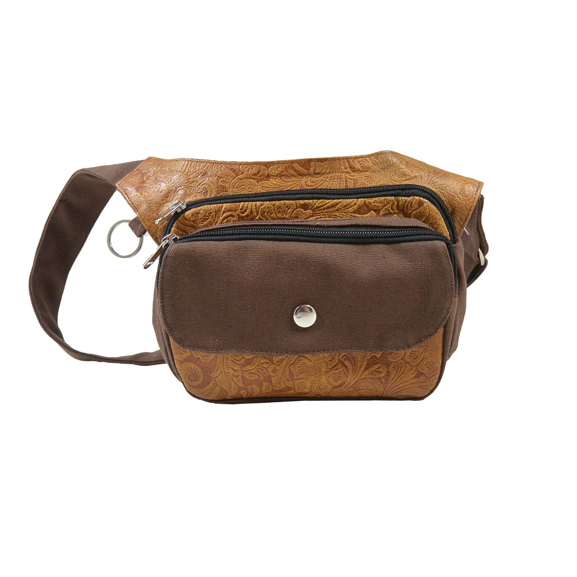 Frankfurt Gassi-Tasche aus Canvas und Echtleder in Braun-Brandy – Vorderansicht mit Blumen-Prägung