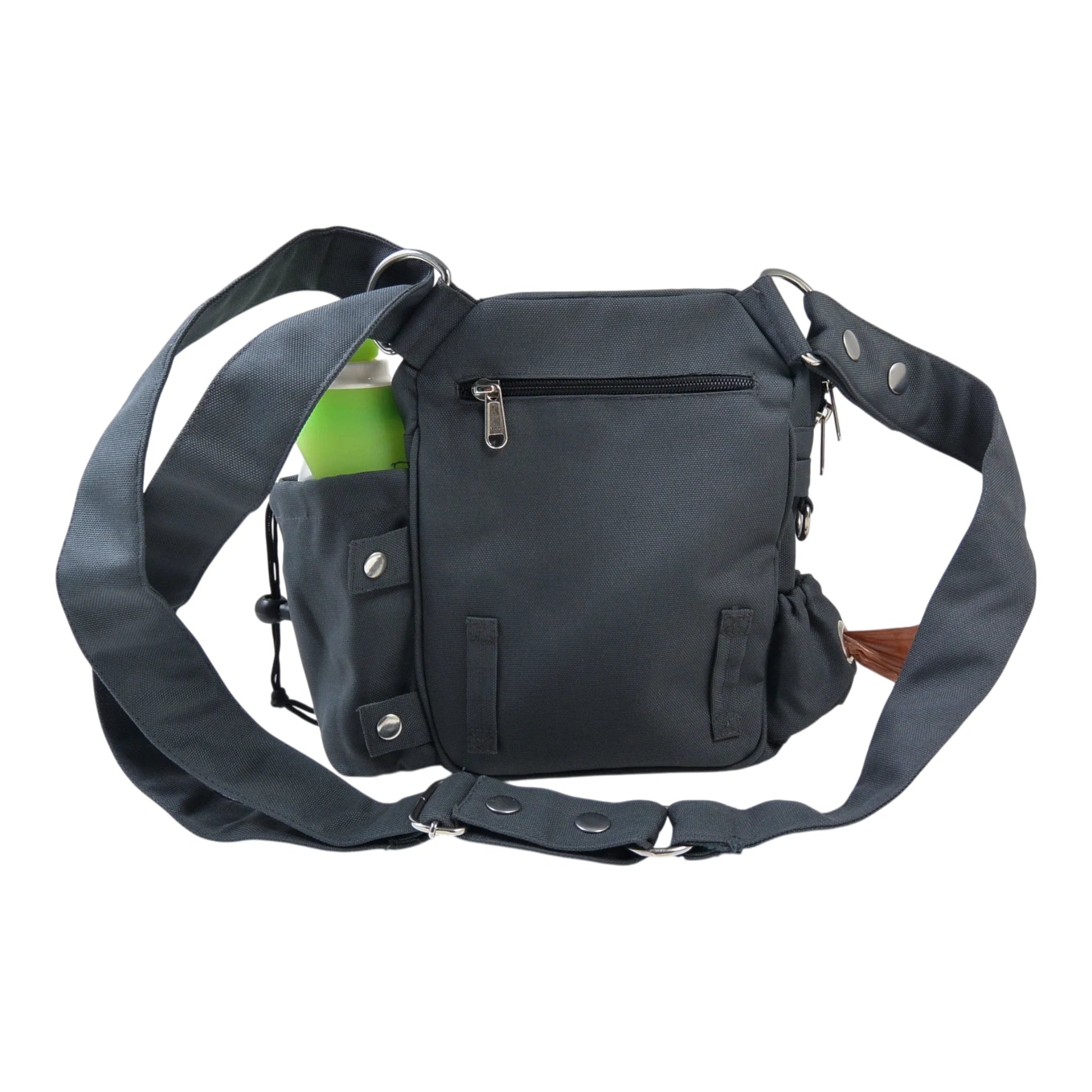 Gassi-Tasche Konstanz in Dunkelgrau mit Mandala-Stickerei, Flaschenhalter und verstellbarem Schultergurt, Rückansicht