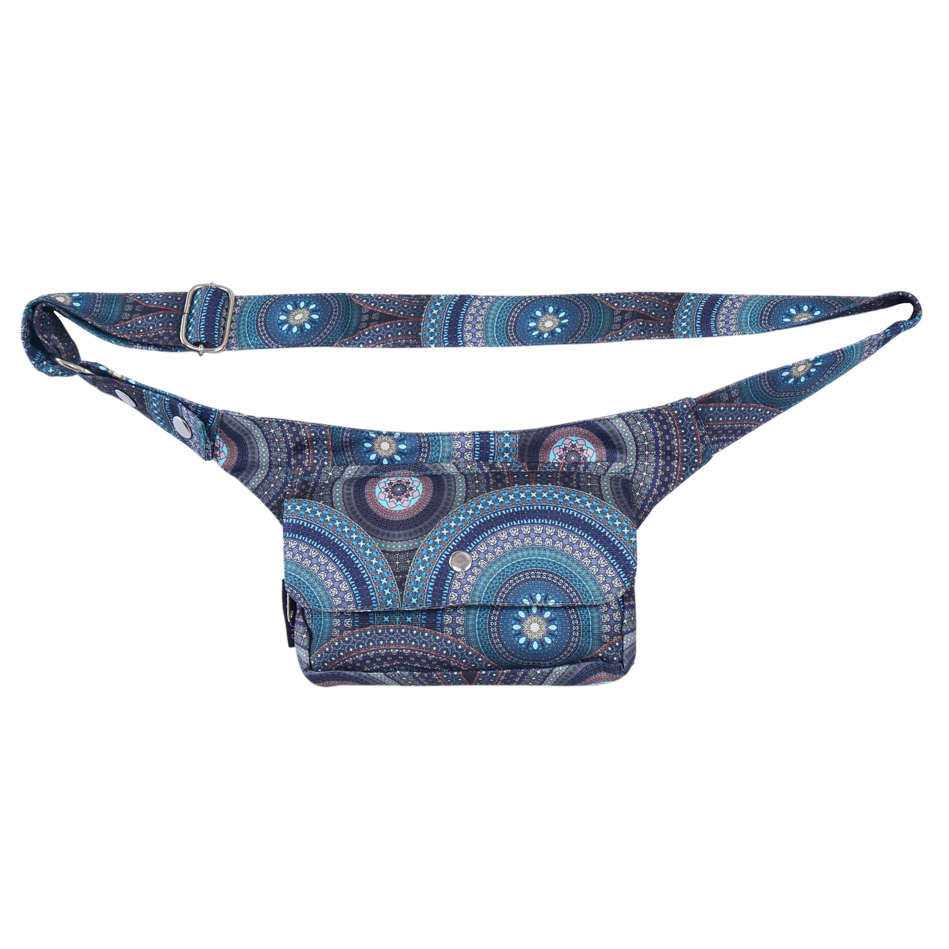 Komplettansicht der wasserabweisenden Hüfttasche von Nijens mit Mandala-Muster und verstellbarem Gurt