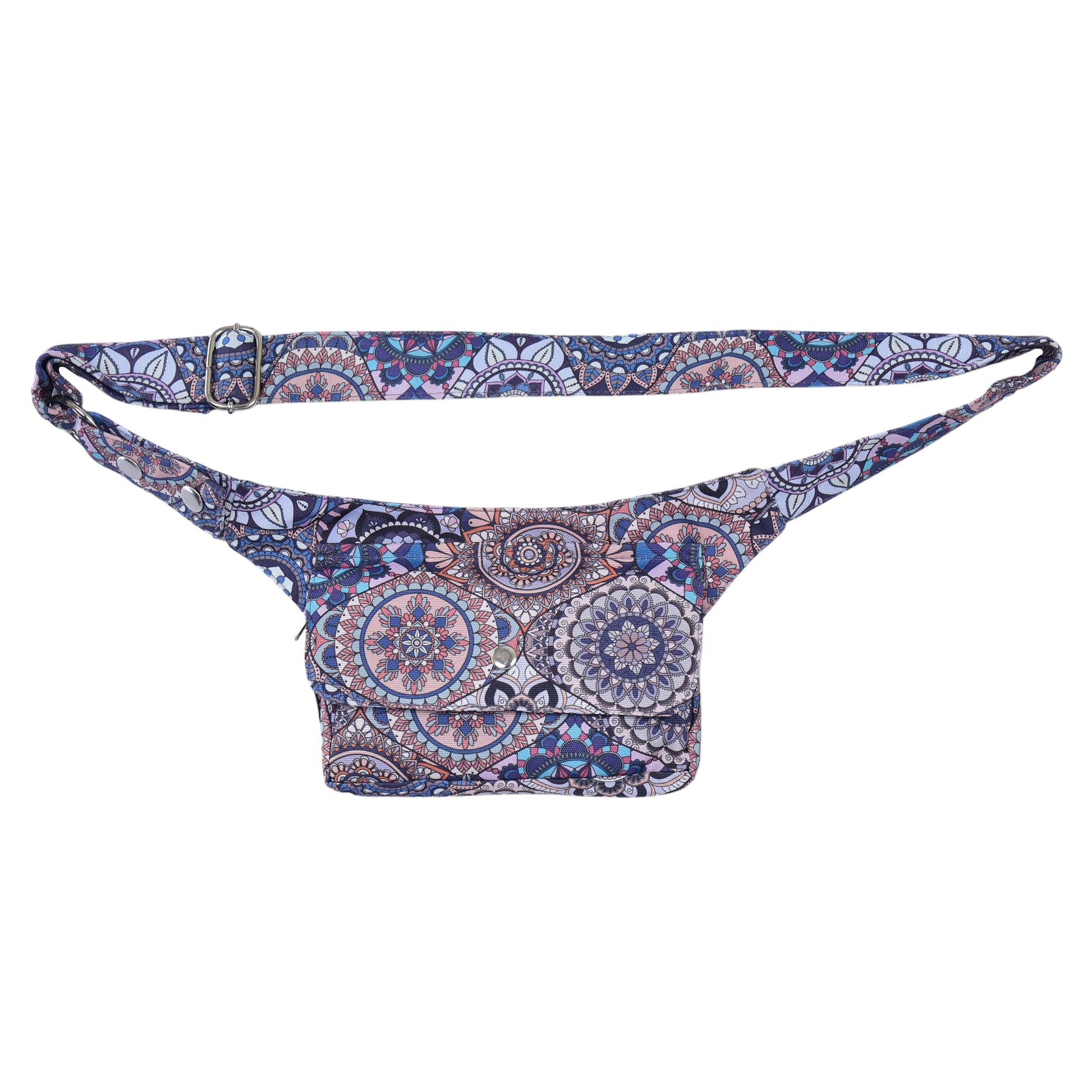 Komplette Frontansicht der Kathmandu Tasche im Manadala-Design mit verstellbarem Gurt.