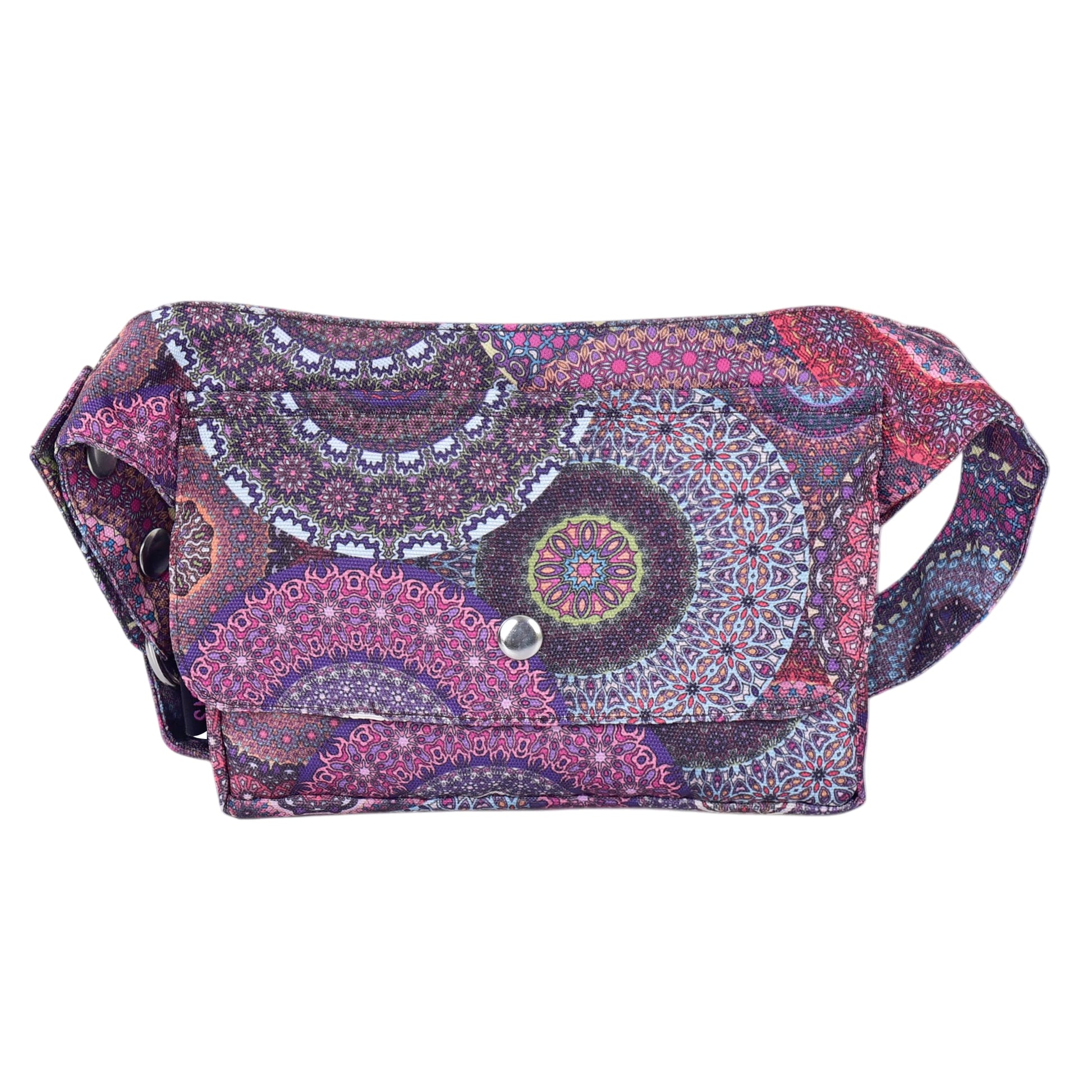 Nijens Kathmandu Bauchtasche im Lila Mandala-Design mit Druckknopf-Verschluss.