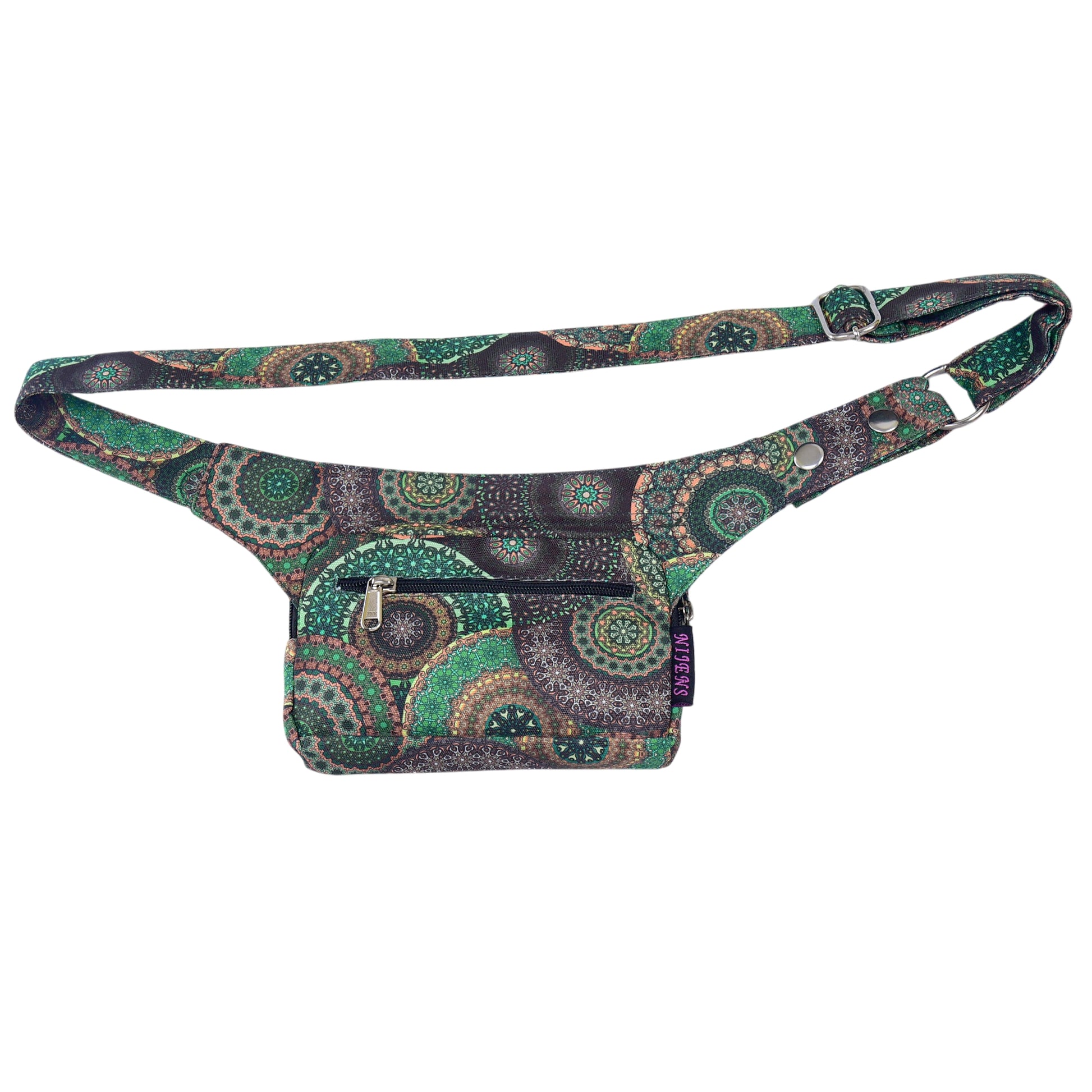 Rückansicht der Bauchtasche mit Reißverschlussfach und verstellbarem Gurt.