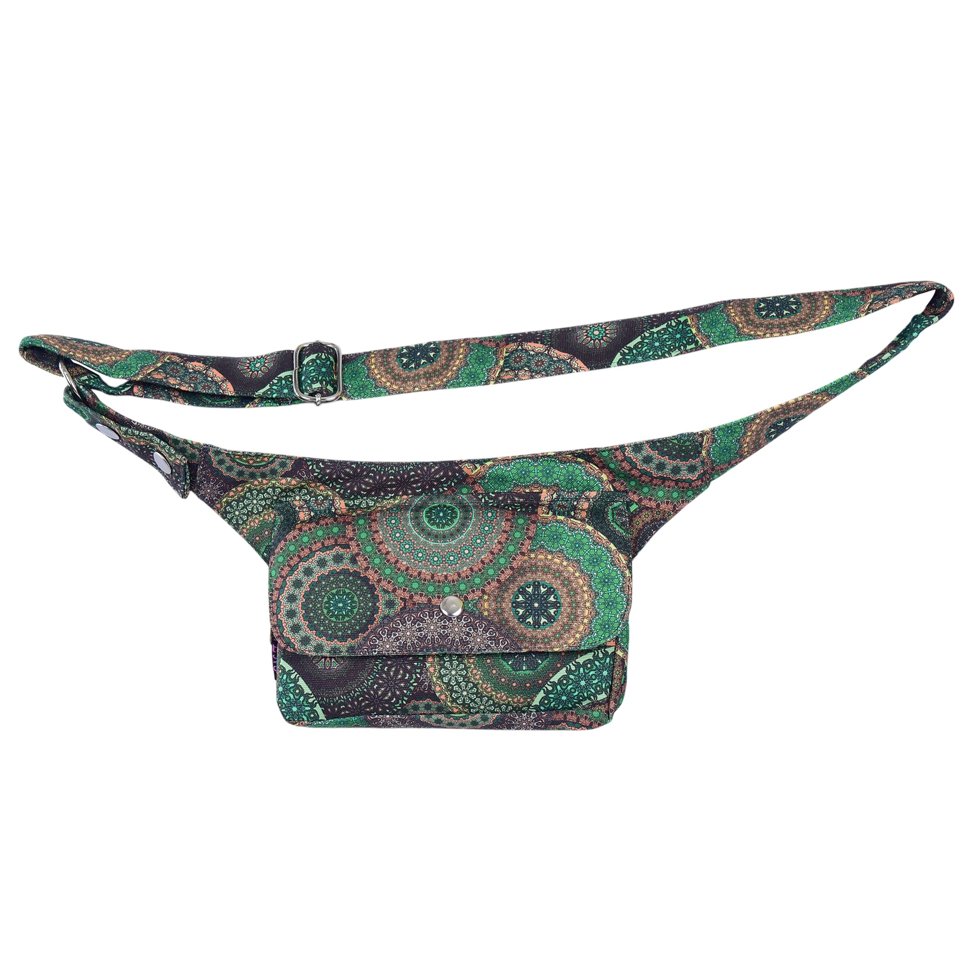 Komplette Vorderansicht der Kathmandu Bauchtasche im Mandala-Design inklusive verstellbarem Gurt.