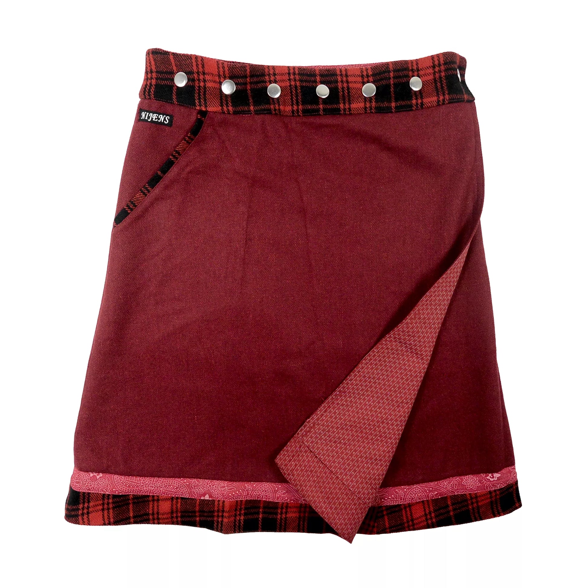 Wendbarer Woll-Wickelrock in Bordeauxrot mit Tweed und Schmuckborte - Nijens Shop

