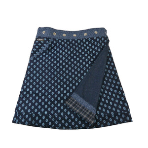 Rückseite des Wenderocks in Petrolblau mit Blumen-Muster und dunklem Bund