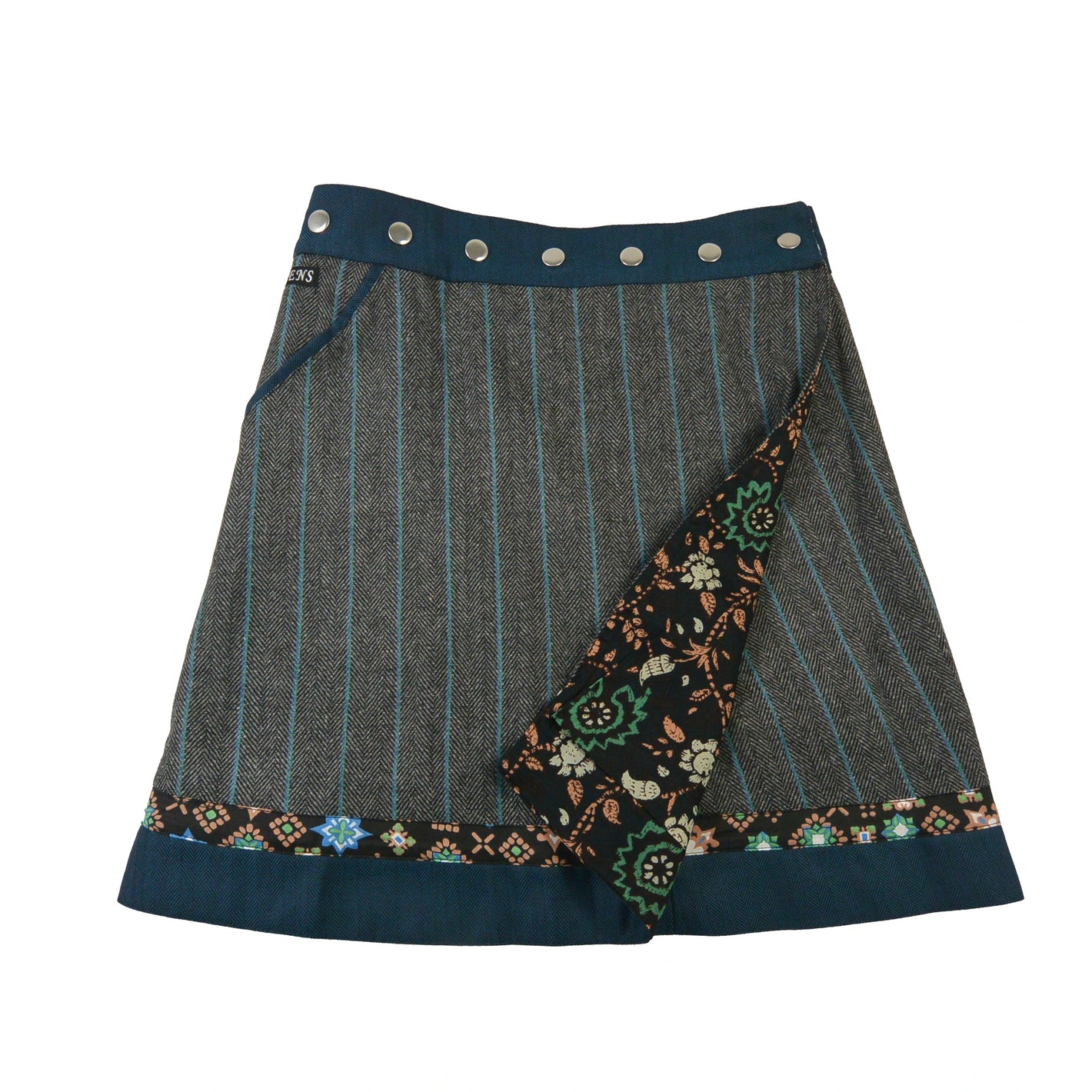 Wenderock mit grauem Tweed in Fischgrätmuster, blauen Streifen und floralem Saumeinsatz