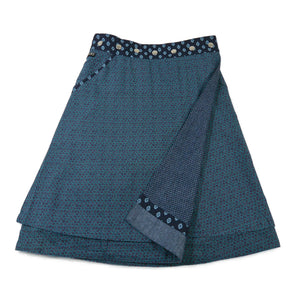 Rückseite des Wenderocks in Petrolblau mit zartem Muster und dunklem Bund