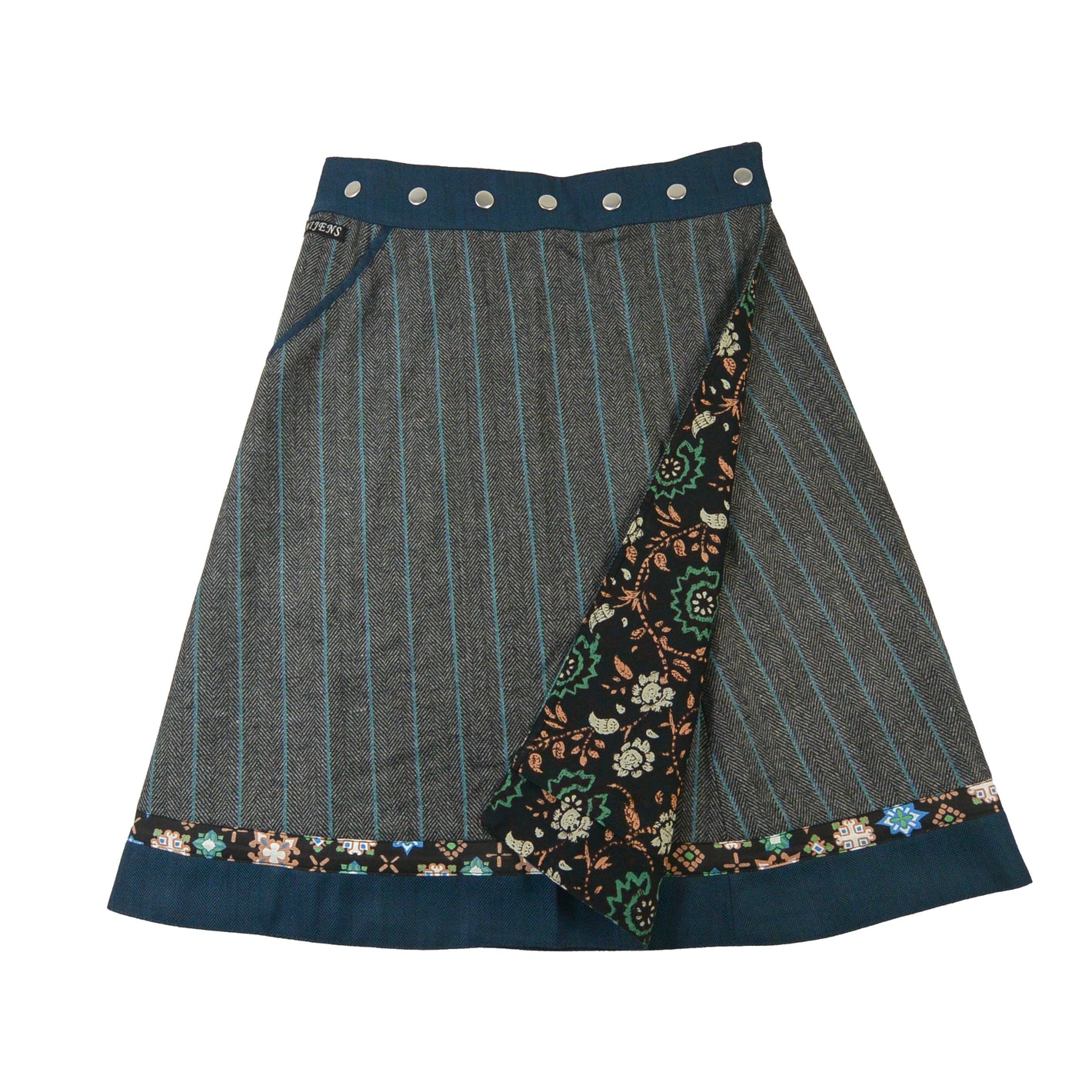 Wendbarer Woll-Wickelrock in Türkis-Grau mit dekorativem Saum und Blumenmuster