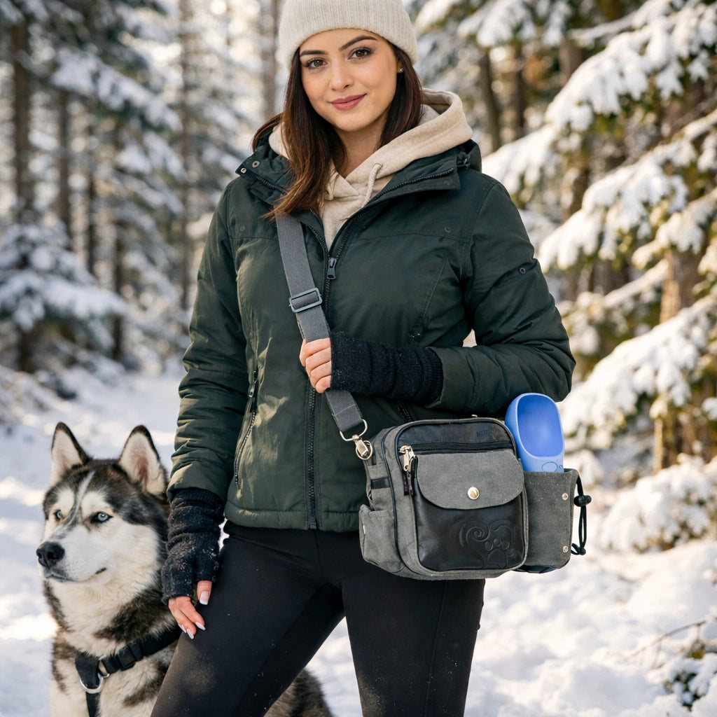 Sportliche Frau in dunkelgrüner Winterjacke, beigem Hoodie, Angora-Mütze und schwarzen Armstulpen steht mit einem Husky in einem verschneiten Wald und trägt die Nijens Gassi-Tasche Konstanz 4711 in Grau aus Canvas und Leder mit Pfoten-Herz-Prägung, Metalldruckknopf und Flaschenhalter auf der rechten Seite.