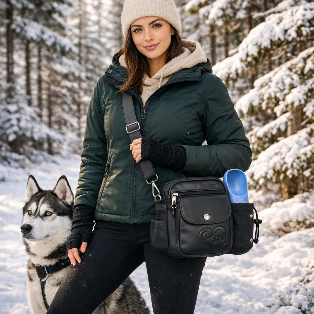 Sportliche Frau in dunkelgrüner Winterjacke, beigem Hoodie, Angora-Mütze und schwarzen Armstulpen steht mit einem Husky in einem verschneiten Wald und trägt die Nijens Gassi-Tasche Konstanz 4716 in Schwarz aus Canvas und Leder mit Pfoten-Herz-Prägung, Metalldruckknopf und Flaschenhalter auf der rechten Seite.