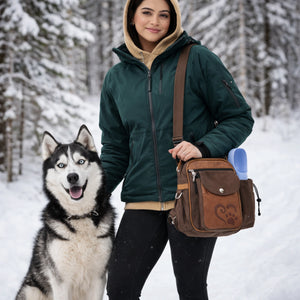 Sportliche Frau in dunkelgrüner Winterjacke und beigem Hoodie steht mit einem Husky in einem verschneiten Wald und trägt die Nijens Gassi-Tasche Konstanz 4718 aus braunem Canvas und Leder mit Pfoten-Herz-Prägung und Flaschenhalter.
