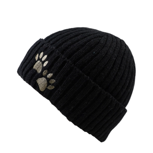 Kurze Beanie "Tulsipur" aus Schurwolle Schwarz mit Pfotenstickerei (2P-01)
