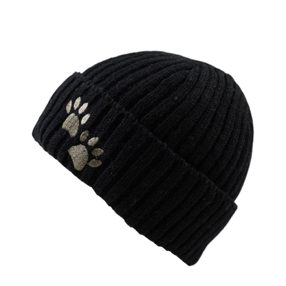 Short Beanie "Tulsipur" aus Schurwolle Schwarz mit Pfotenstickerei (2P-01)