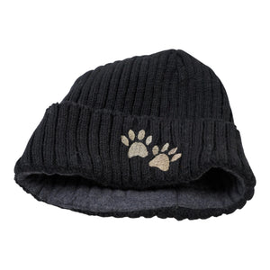 Kurze Beanie "Tulsipur" aus Schurwolle Schwarz mit Pfotenstickerei (2P-01)
