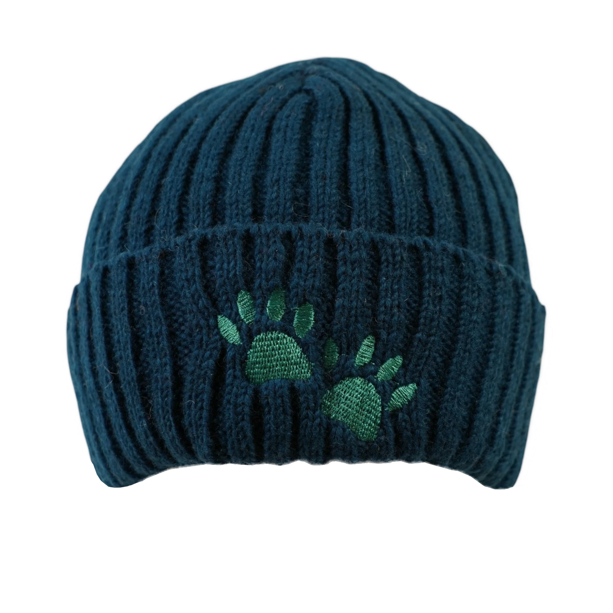 Warme Beanie aus 100 % Schurwolle in Dunkelpetrol mit zwei grünen gestickten Hundepfoten auf dem Umschlag.