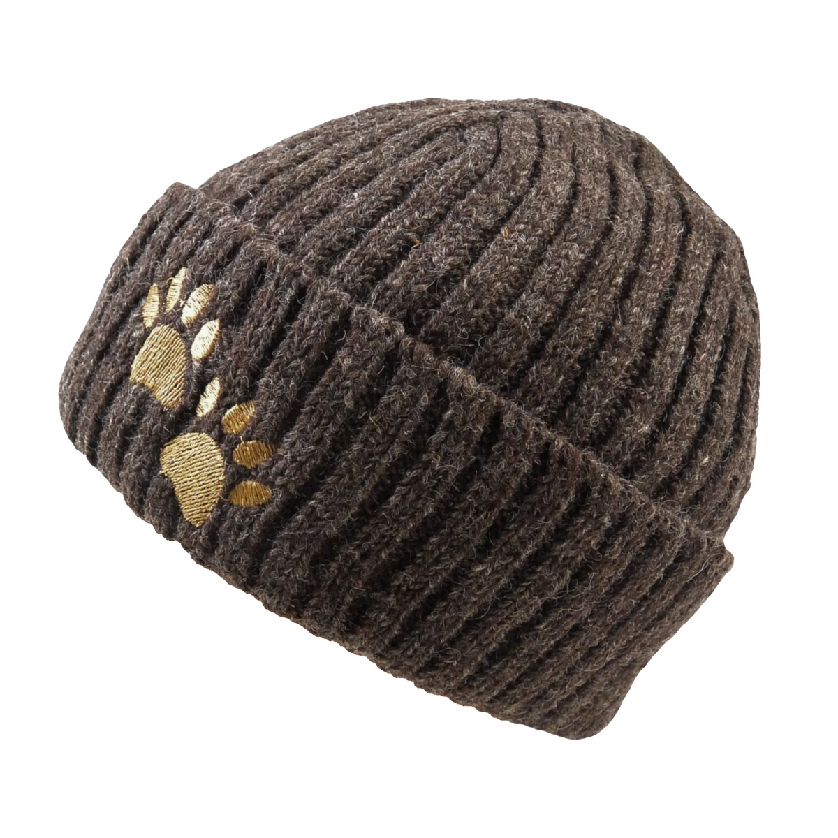 Nijens Short Beanie aus Schurwolle Dunkelbraun mit zwei gestickten Hundepfoten, breitem Rippstrick-Umschlag und gerippter Strickstruktur. Seitenansicht.