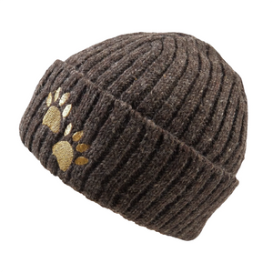 Nijens Short Beanie aus Schurwolle Dunkelbraun mit zwei gestickten Hundepfoten, breitem Rippstrick-Umschlag und gerippter Strickstruktur. Seitenansicht.