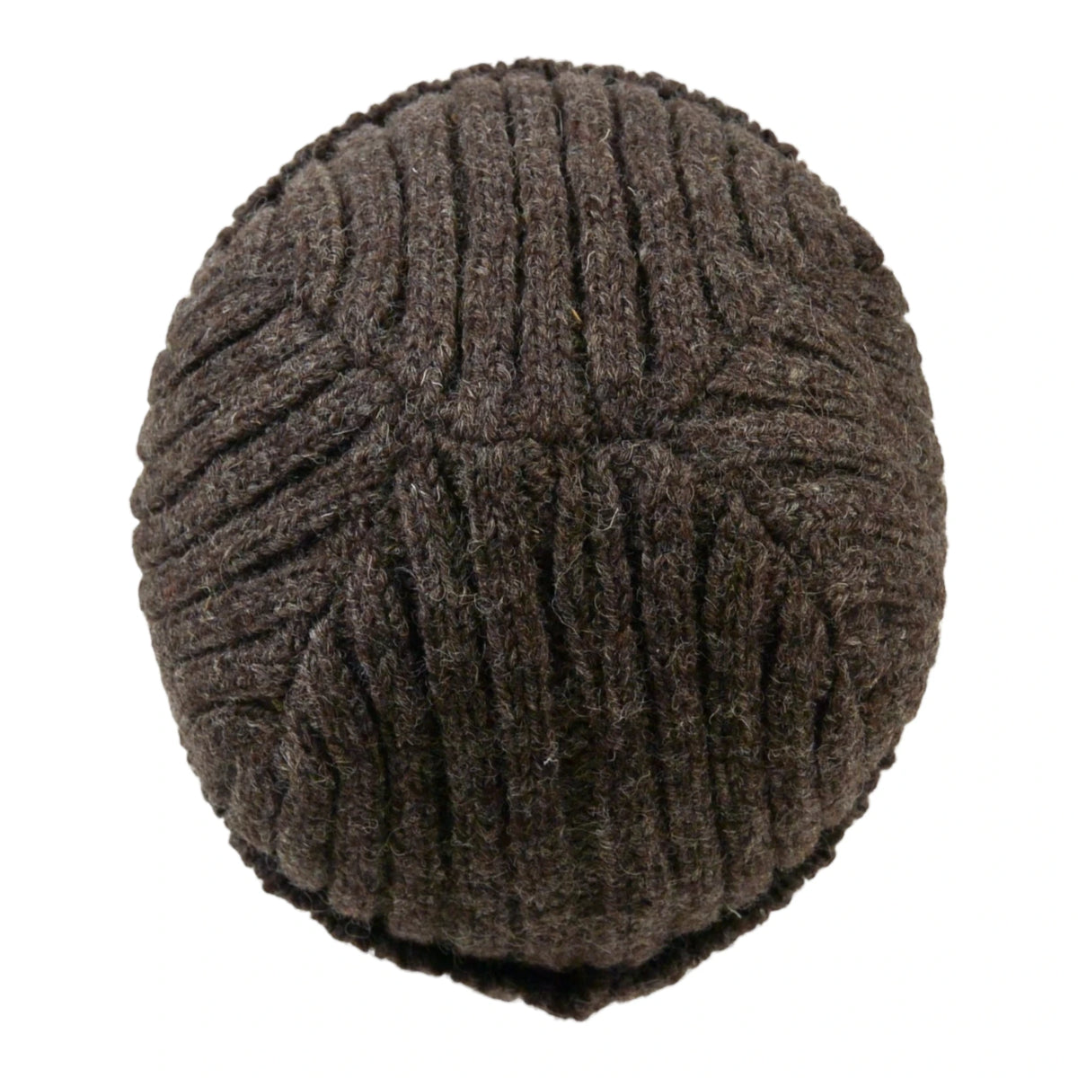 Nijens Short Beanie aus Schurwolle Dunkelbraun mit breitem Rippstrick-Umschlag und gerippter Strickstruktur. Ansicht on oben.