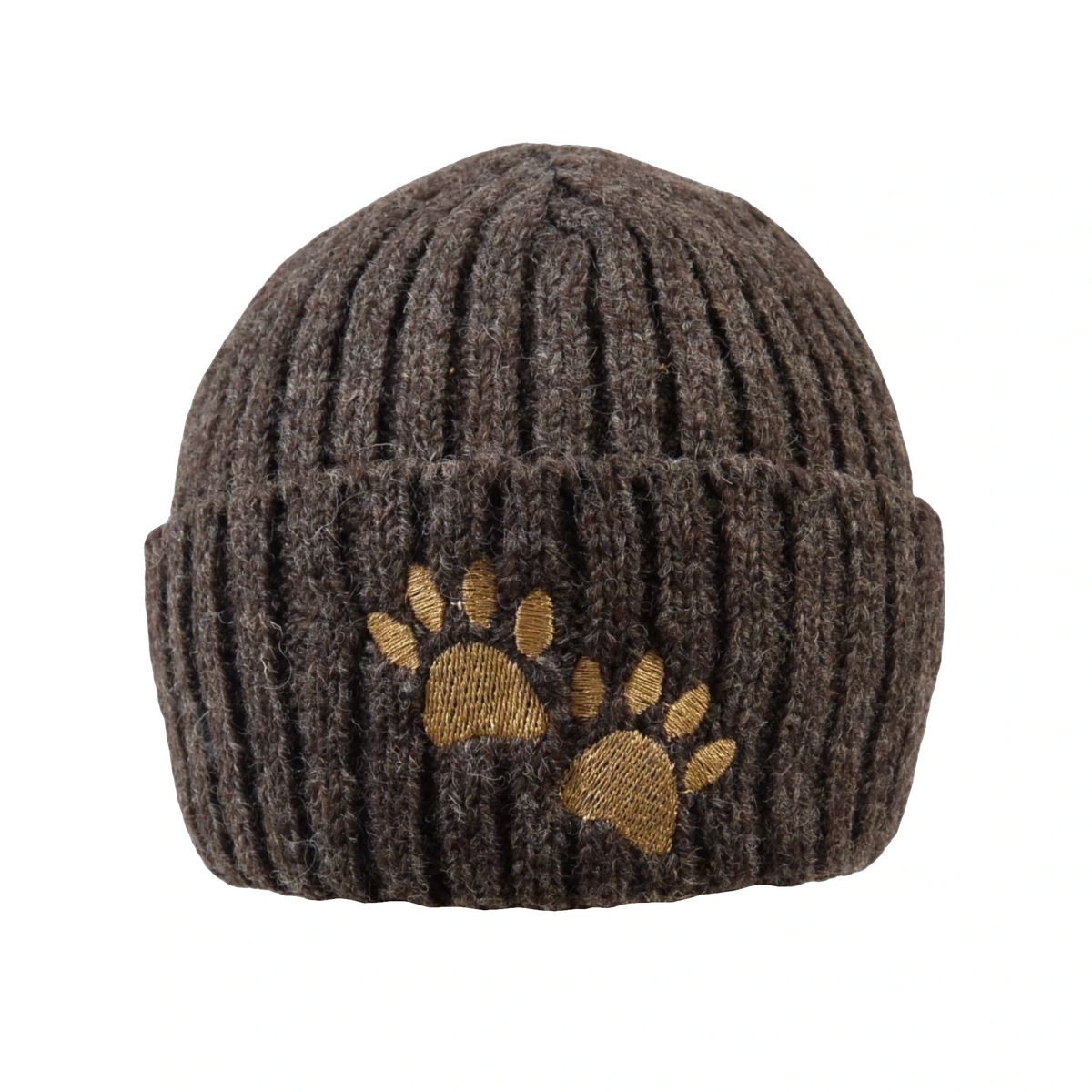 Nijens Short Beanie aus Schurwolle Dunkelbraun mit zwei gestickten Hundepfoten, breitem Rippstrick-Umschlag und gerippter Strickstruktur.