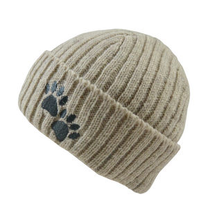 Kurze Beanie "Tulsipur" aus Schurwolle Naturweiß mit Pfotenstickerei