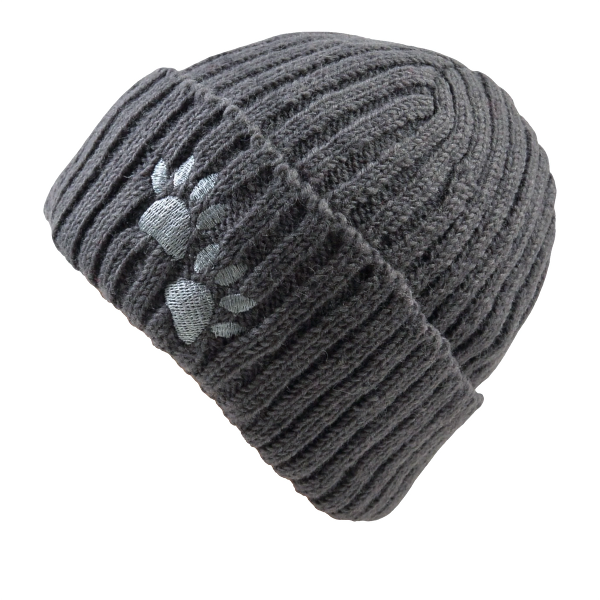 Nijens Short Beanie aus Schurwolle Anthrazitgrau mit zwei dunkelgrauen gestickten Hundepfoten, breitem Rippstrick-Umschlag und gerippter Strickstruktur. Seitenansicht.