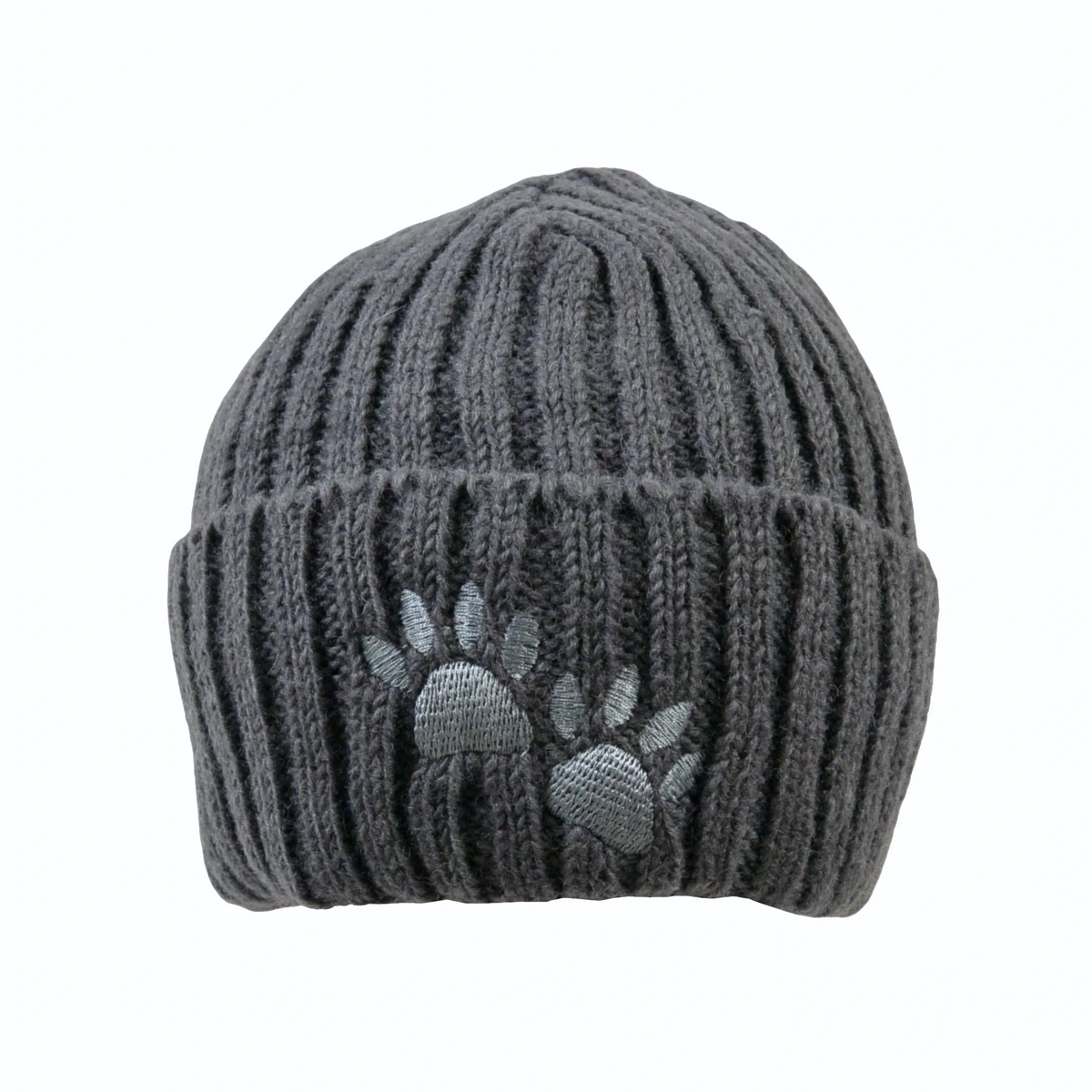 Nijens Short Beanie aus Schurwolle Anthrazitgrau mit zwei dunkelgrauen gestickten Hundepfoten, breitem Rippstrick-Umschlag und gerippter Strickstruktur.