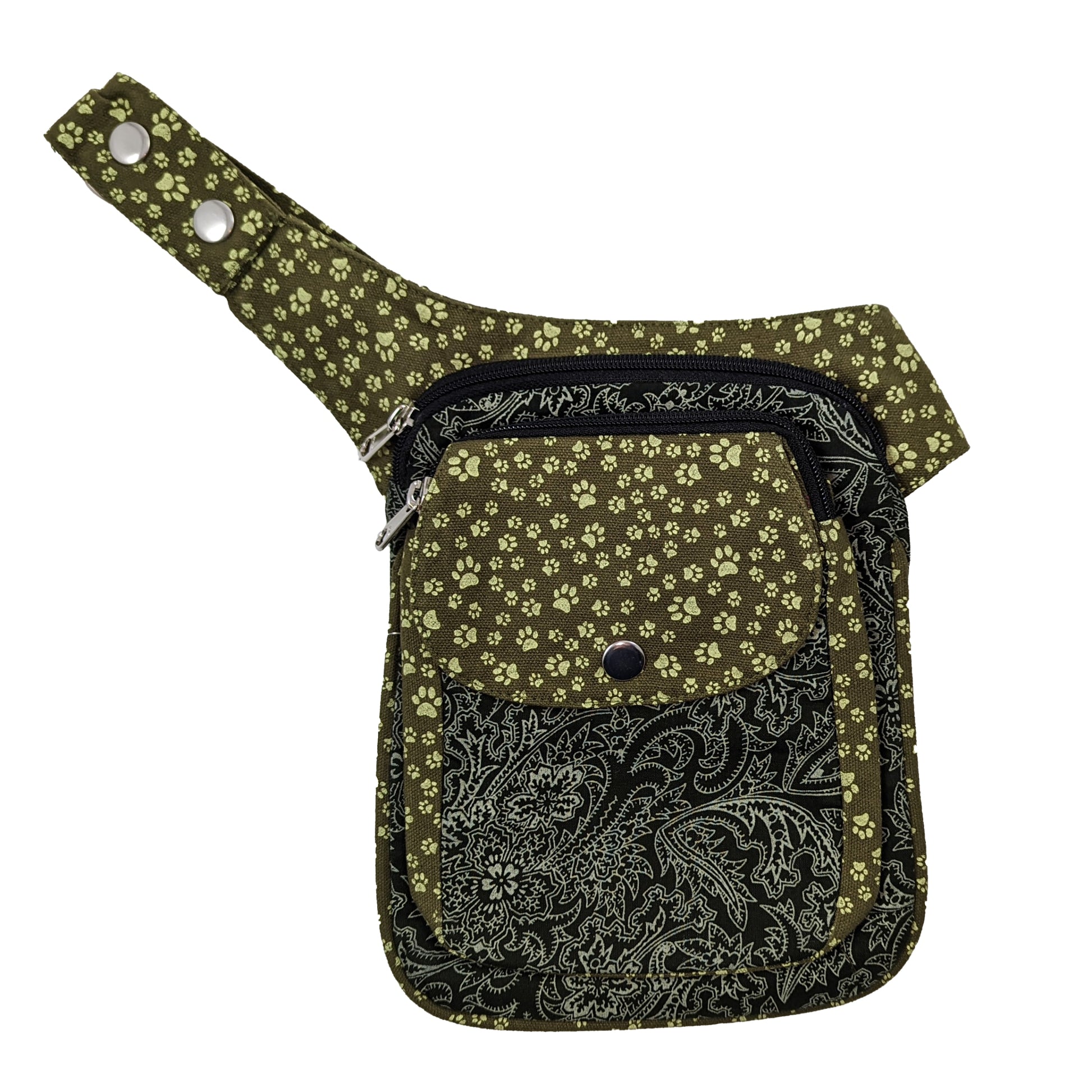 Bauchtasche mit Hundepfoten Muster Olivgrün Paisley.