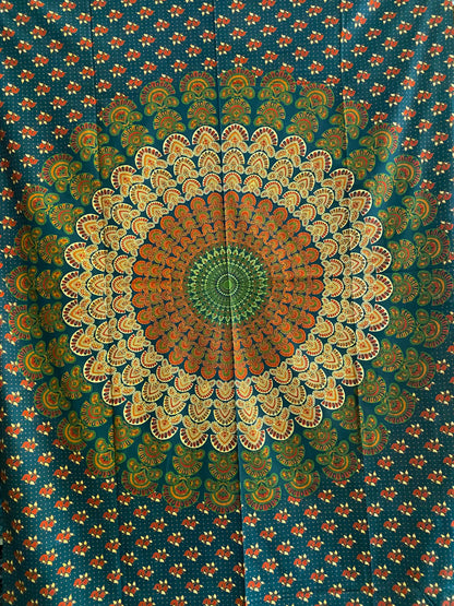 Indisches Mandala Hippie Laken Stoff in Orange-Grün Decke