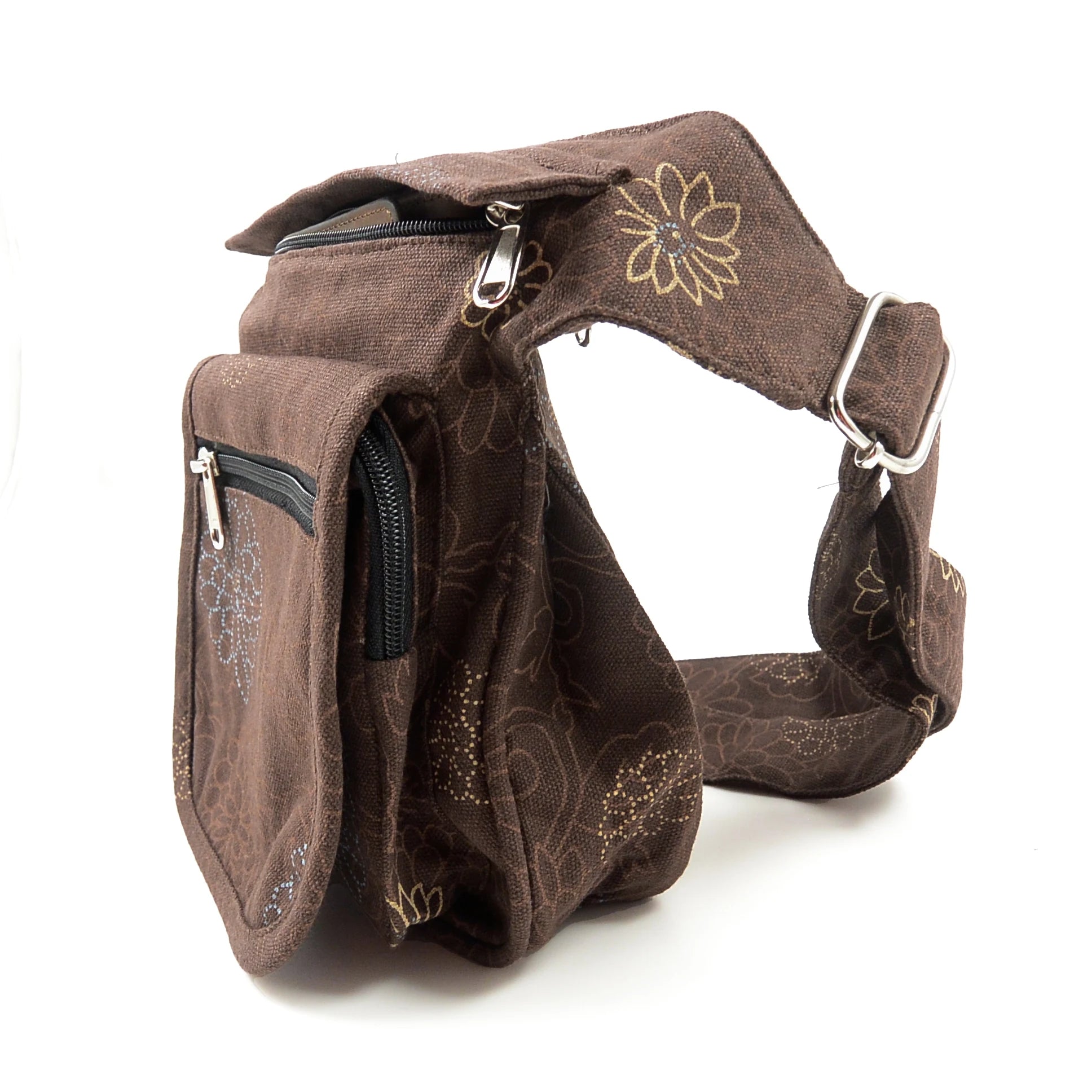 Nijens S-XXXL Bauchtasche Canvas mit floralen Motiven in Braun. Seitenansicht