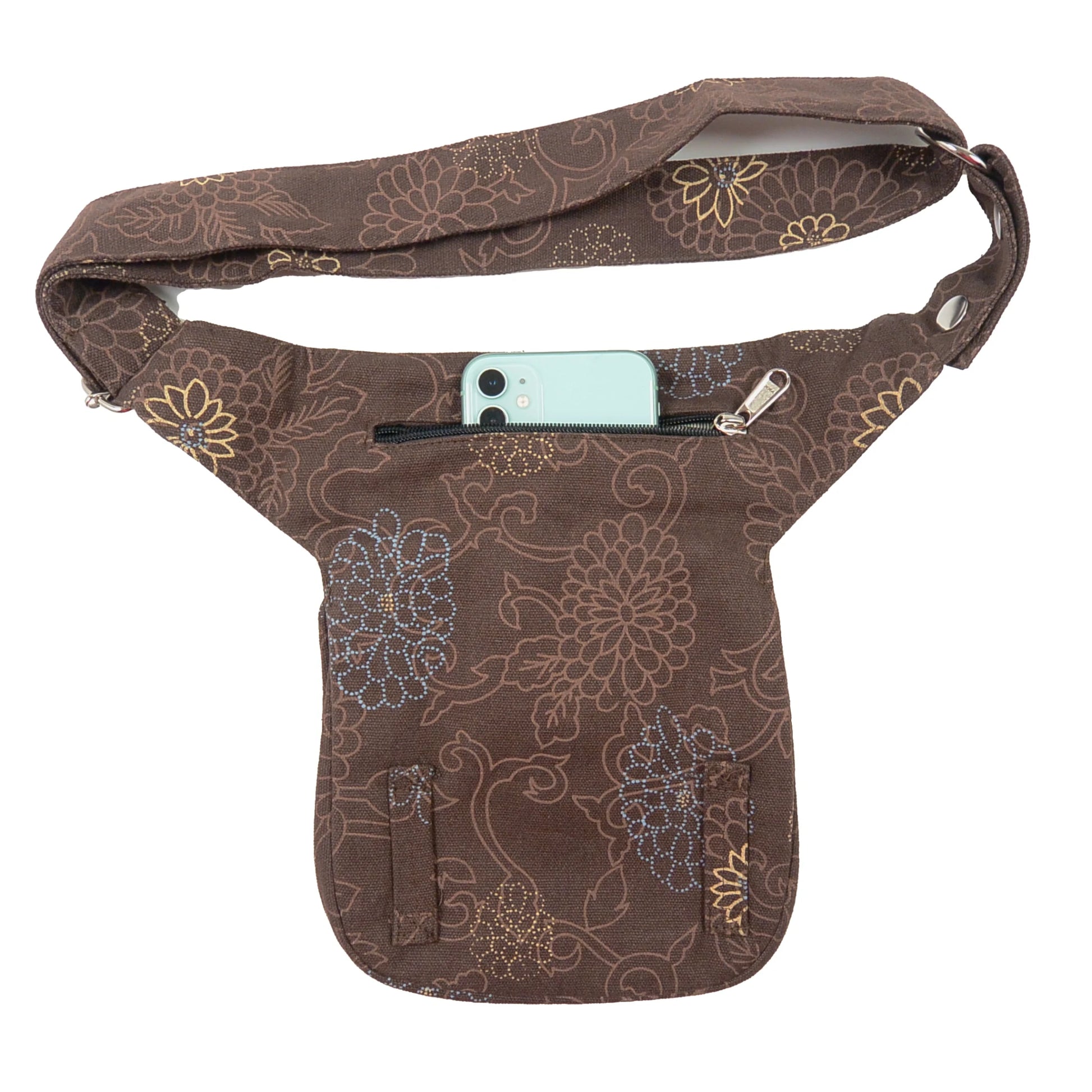 Nijens S-XXXL Bauchtasche Canvas mit floralen Motiven in Braun. Rückansicht