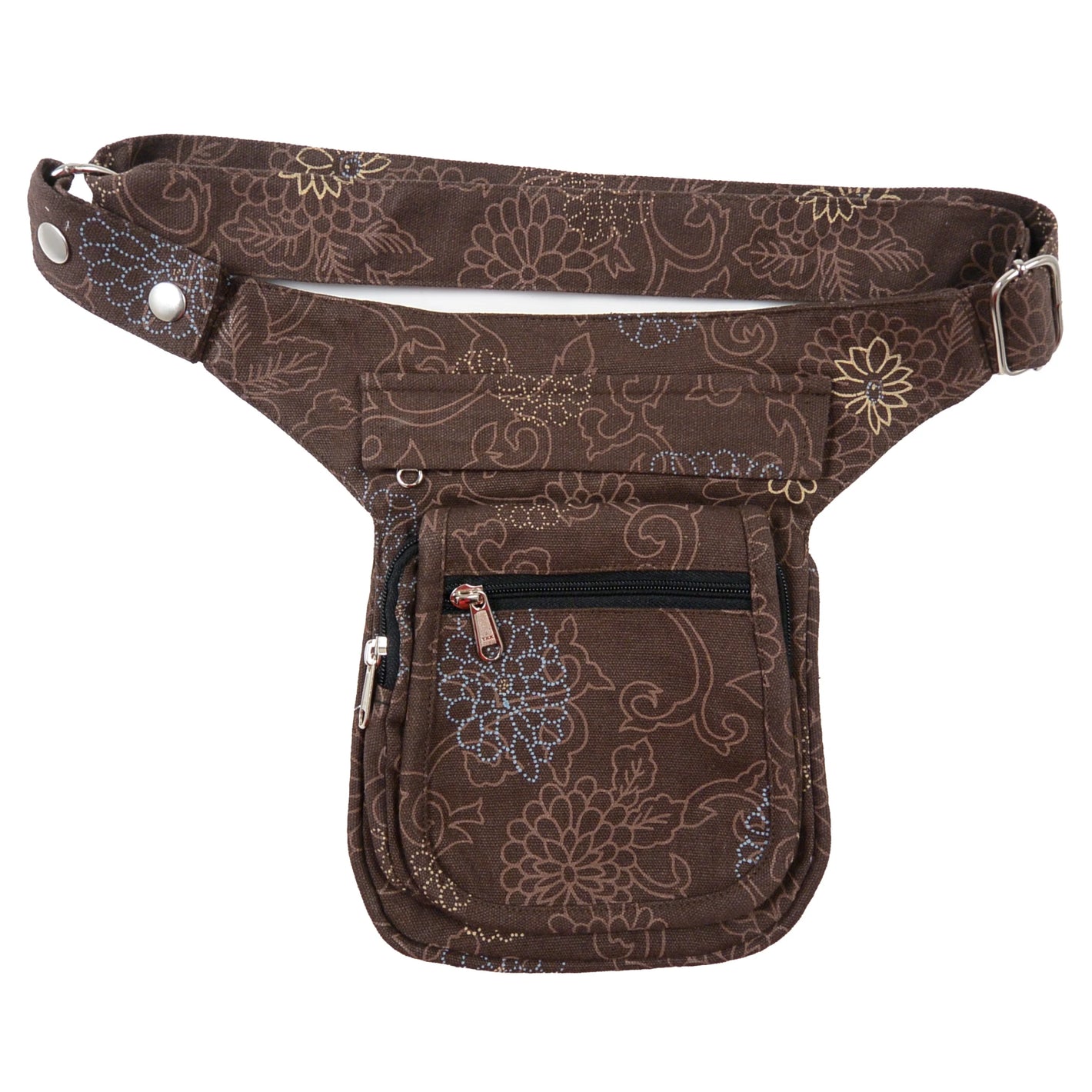 Nijens S-XXXL Bauchtasche Canvas mit floralen Motiven in Braun. Frotansicht