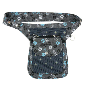 Gassi-Tasche S-XXXL für Hundebesitzer, Stoff Gürteltasche Grau-Cyan mit Pfotenmuster