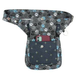 Gassi-Tasche S-XXXL für Hundebesitzer, Stoff Gürteltasche Grau-Cyan mit Pfotenmuster 2