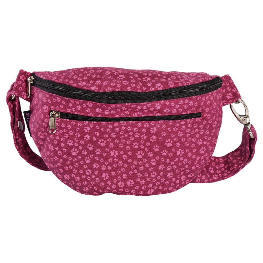 Bauchtasche sowie Crossbodybag aus Canvas in Magenta, mit rosafarbenen kleinen Pfötchen. Großes Hauptfach mit Reißverschlussfach vorne. Nijens.