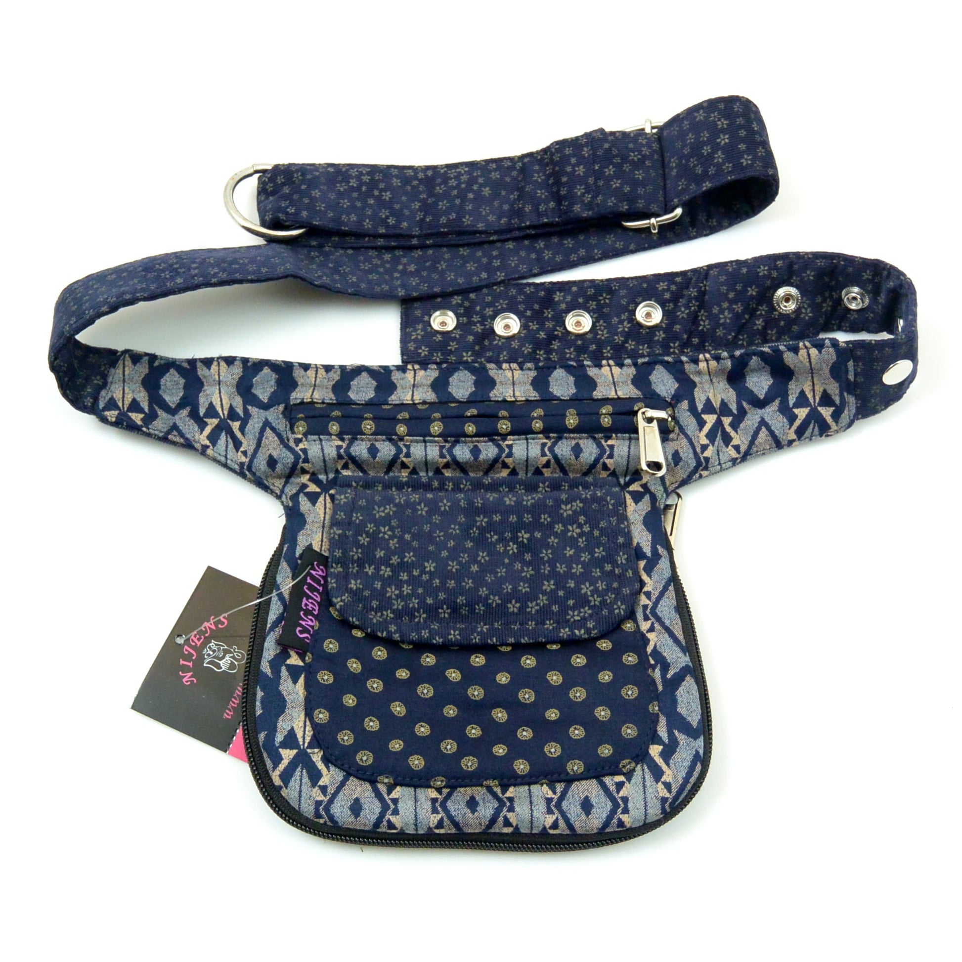 Wendbare XXL Bauchtasche Stoff Cord Blau mit Muster