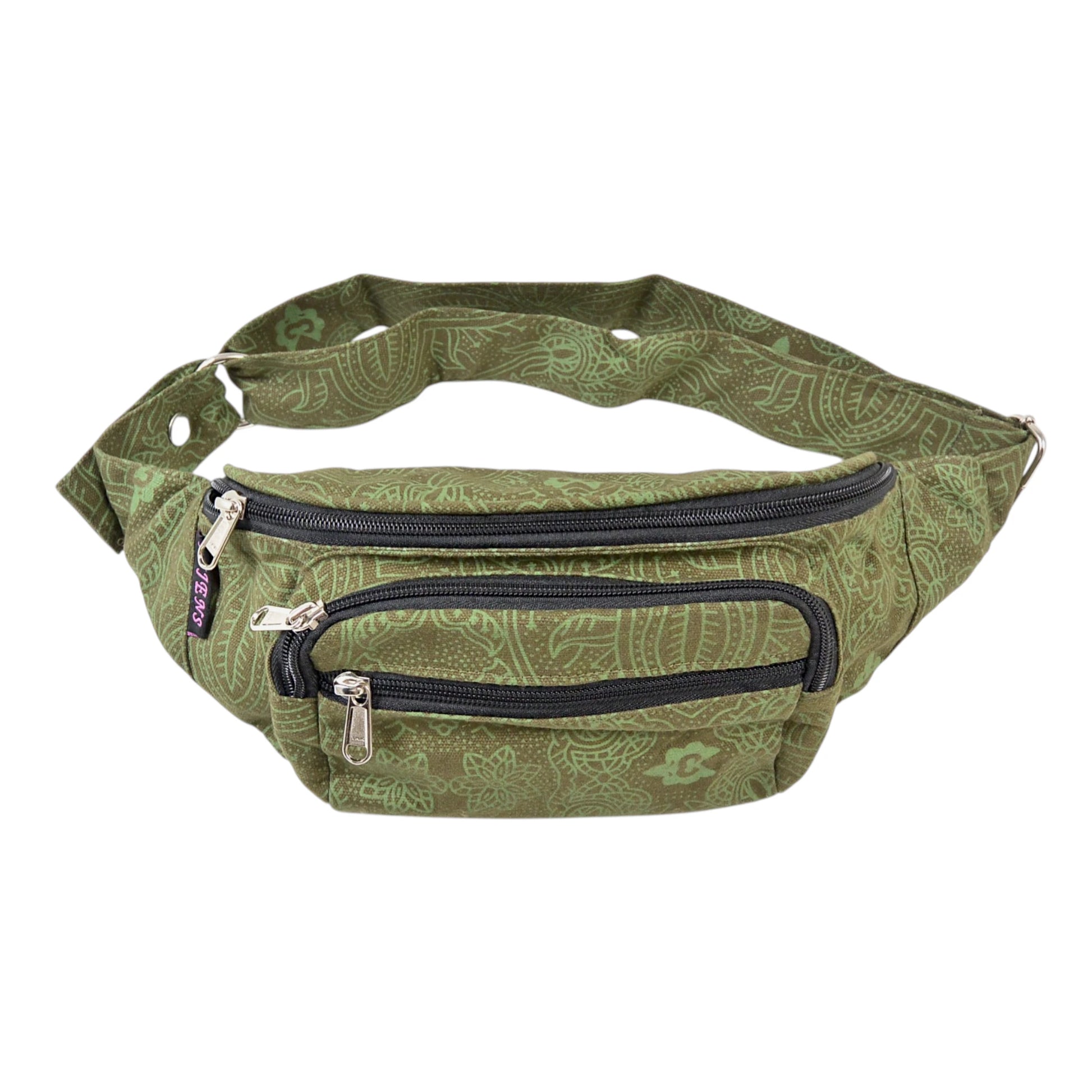 Grüne Crossbody Bag Torino aus Canvas Stoff mit Ethno-Muster und mehreren Reißverschlussfächern