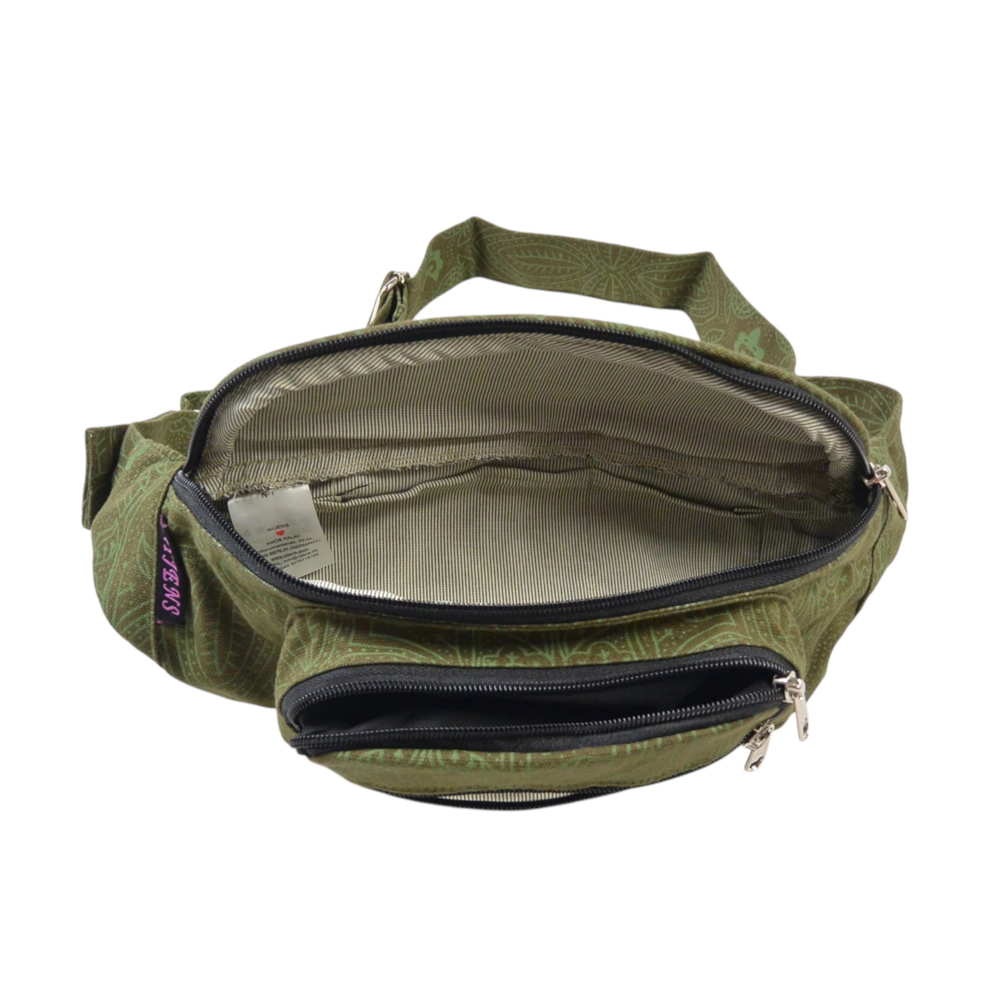 Innenansicht der grünen Nijens Crossbody Bag Torino aus Canvas mit großem Hauptfach und Innenfutter