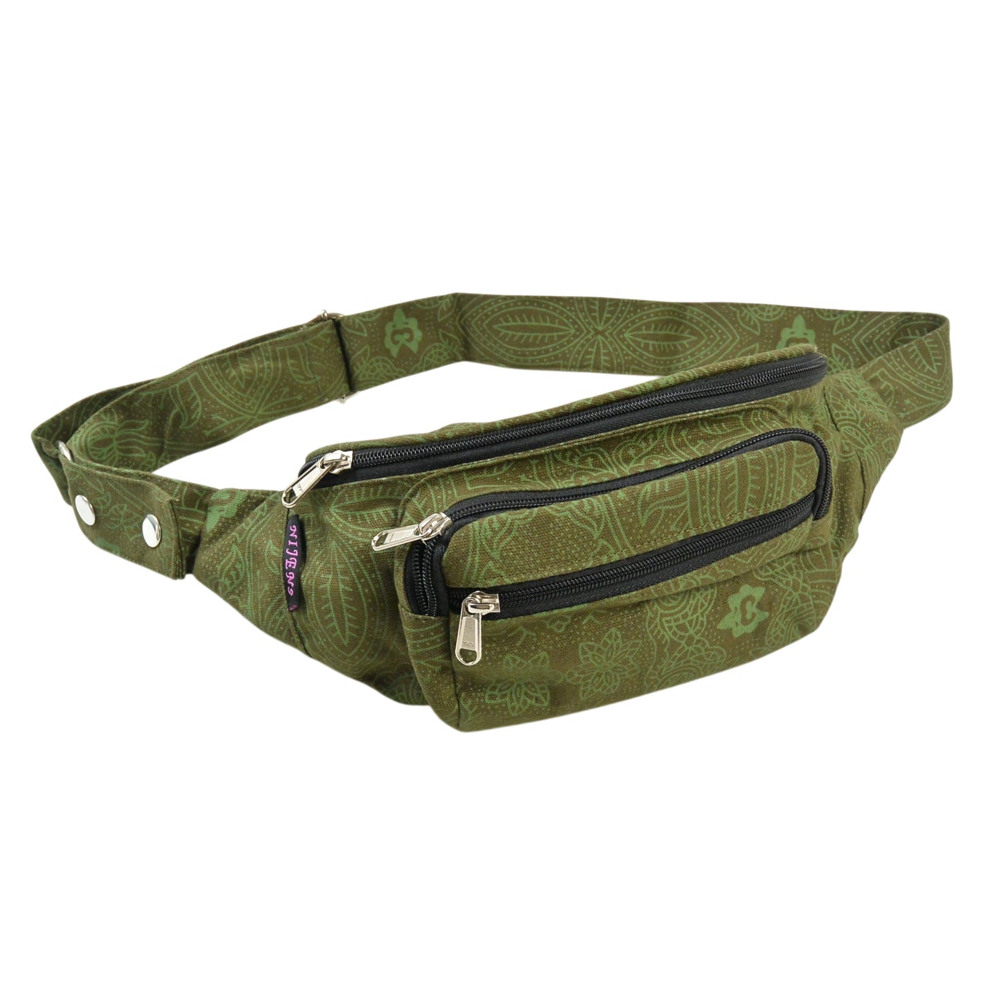 Olivgrüne Crossbody-Tasche Torino aus Canvas Stoff mit Ethno-Muster und mehreren Reißverschlussfächern