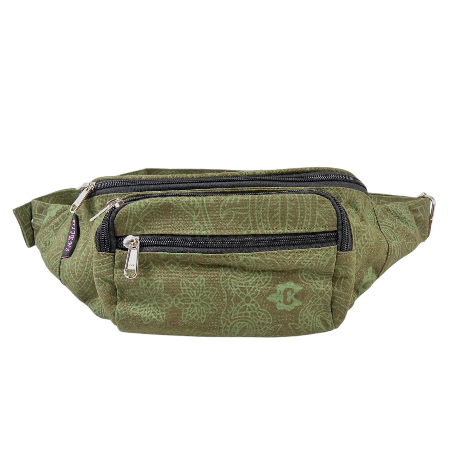 Grüne Crossbody Tasche aus Canvas Stoff mit Ethno-Muster und mehreren Reißverschlussfächern