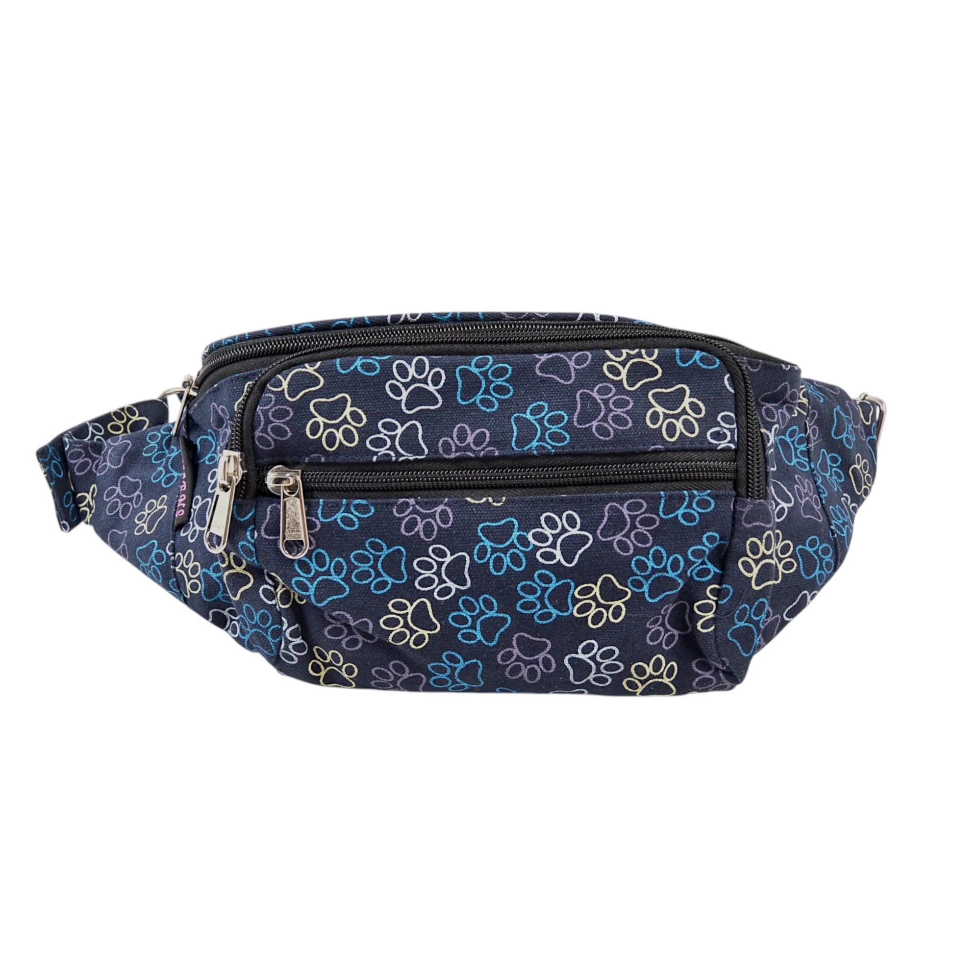 Canvas-Bauchtasche Torino in Kobaltblau mit farbenfrohem Pfotenabdruck Muster für den Alltag und auf Reisen