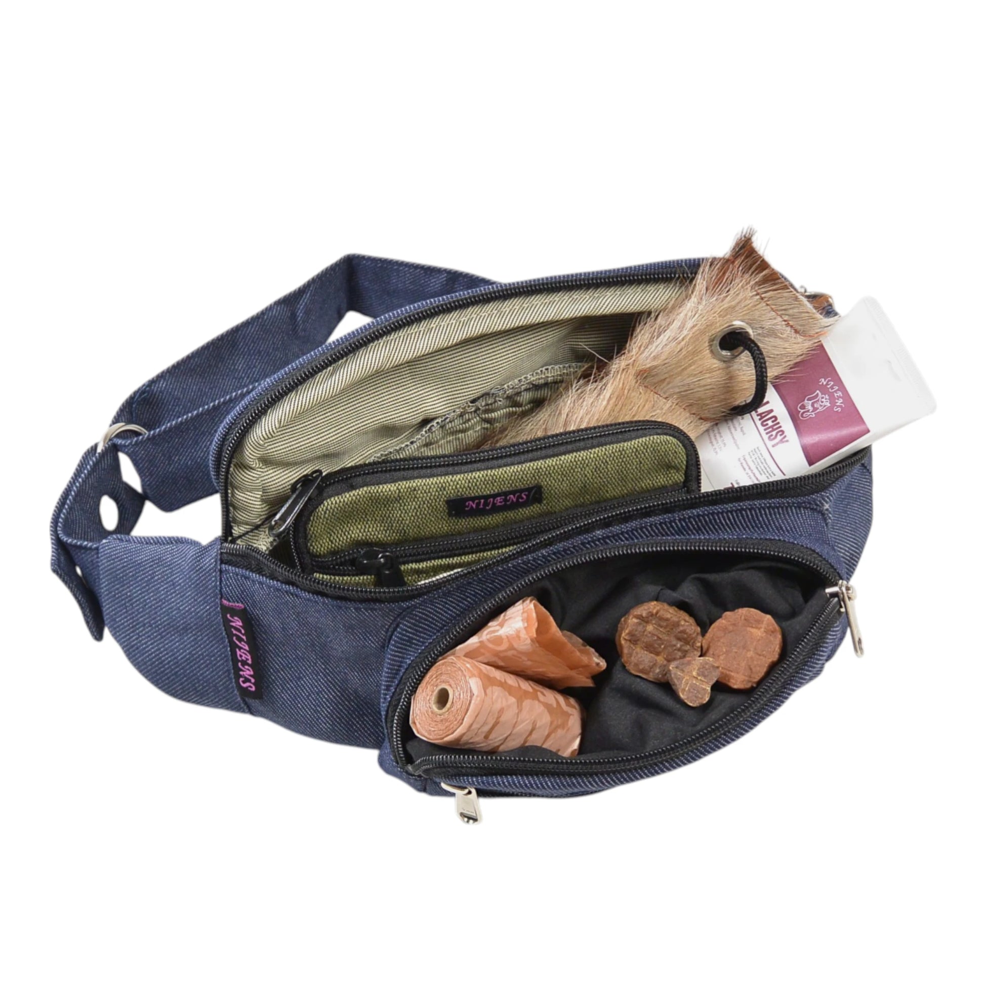 Offene Crossbody Bag Torino aus Denim-Jeans Blau mit Inhalt und zusätzlichem Reißverschlussfach