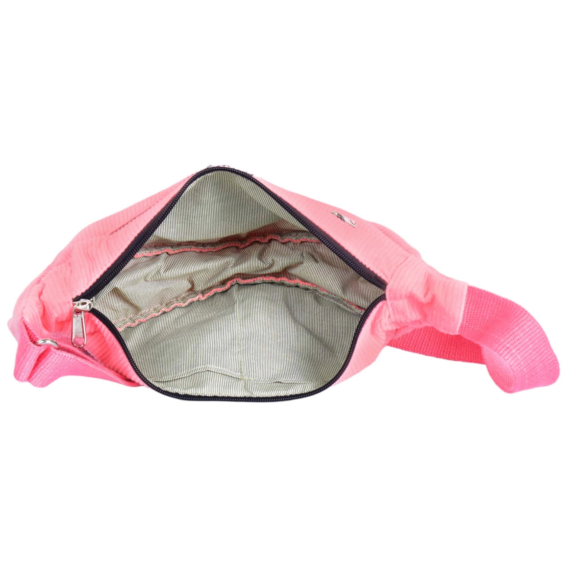 Kleine Umhängetasche, Crossbody-Bag, aus Cordsamt in Rosa mit zwei Reißverschlussfächern und größenverstellbarem Umhängegurt.