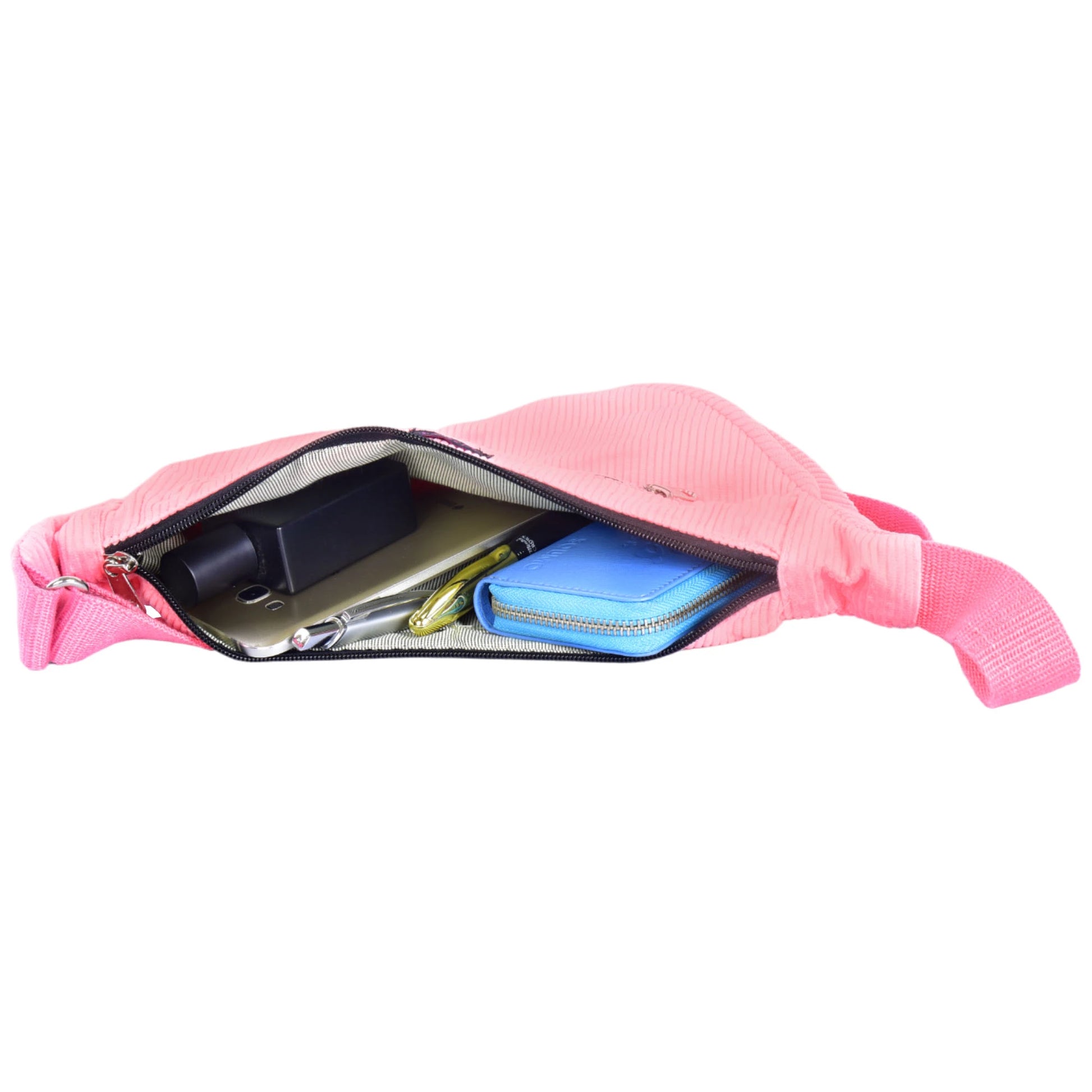 Crossbody-Bag aus Cord Rosa, kleine Umhängetasche aus Cord samt, in Rosa. Hauptfach und Seitenfach außen sind mit einem Reißverschluss verschließbar.